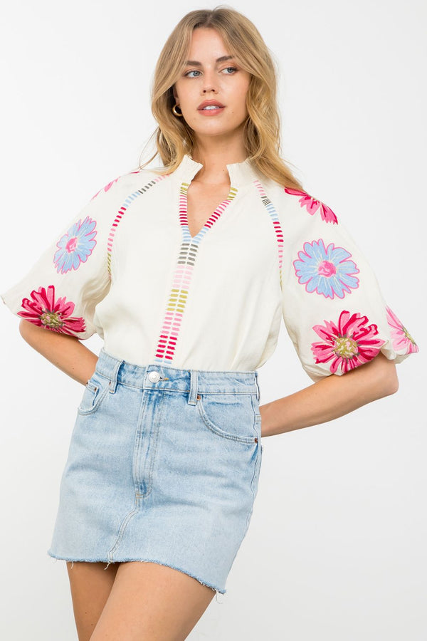 Embroidered Puff Sleeve Top