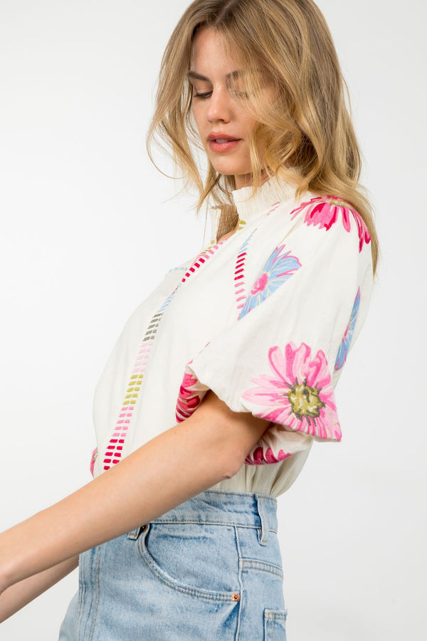 Embroidered Puff Sleeve Top