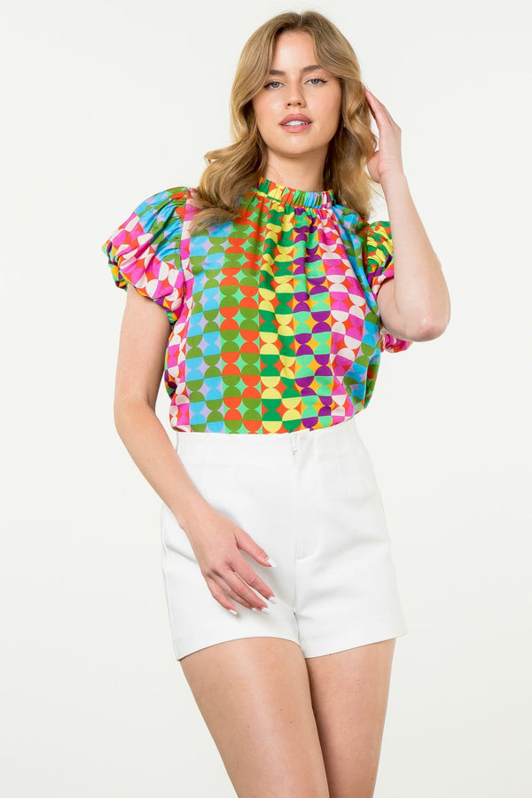 Puff Sleeve Multi Color Print Top