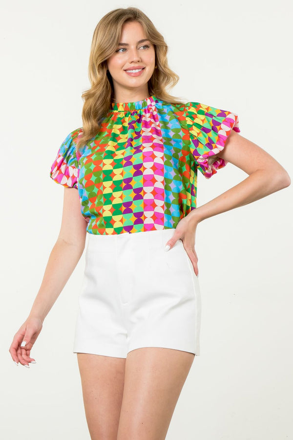 Puff Sleeve Multi Color Print Top