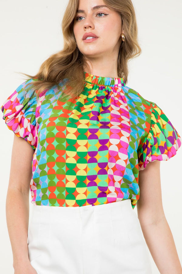 Puff Sleeve Multi Color Print Top