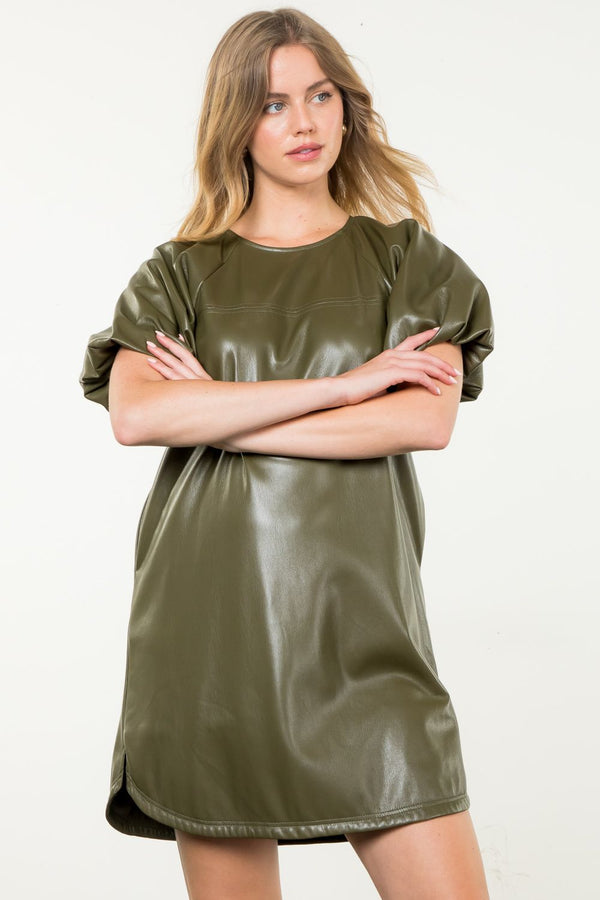 Puff Sleeve Leather Mini Dress