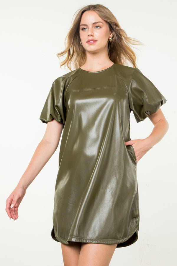 Puff Sleeve Leather Mini Dress