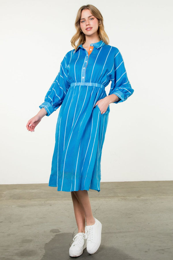 Collared Long Sleeve Striped Midi Dress