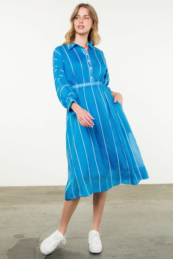 Collared Long Sleeve Striped Midi Dress