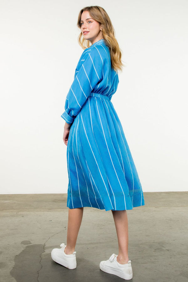 Collared Long Sleeve Striped Midi Dress