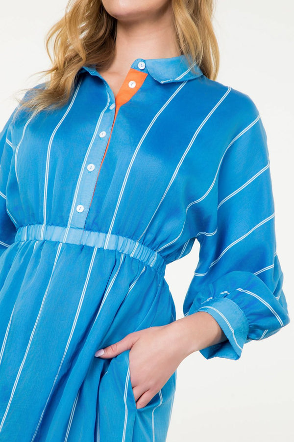 Collared Long Sleeve Striped Midi Dress