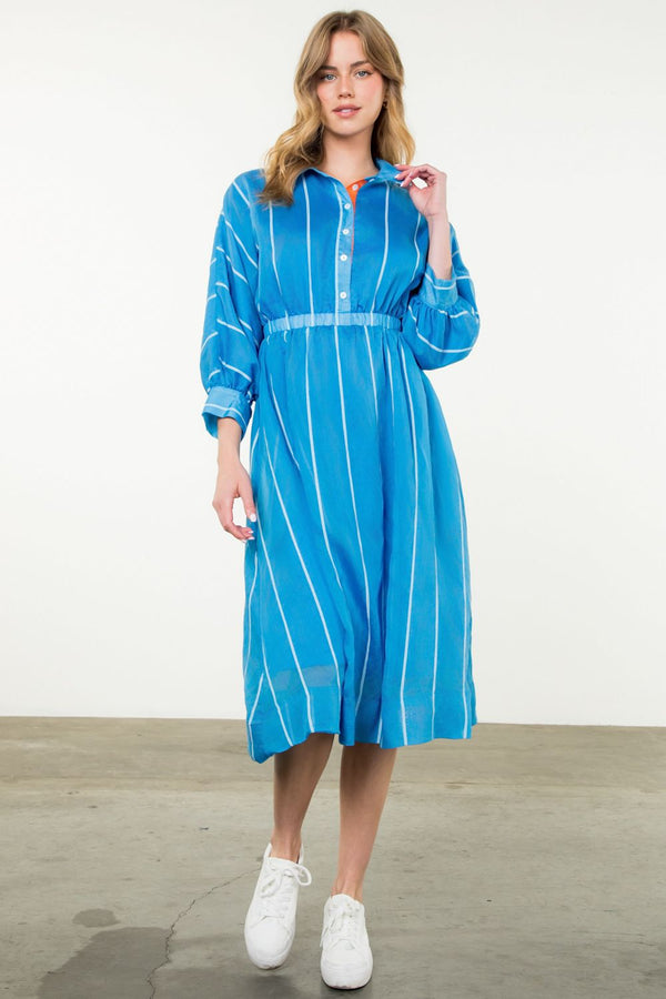 Collared Long Sleeve Striped Midi Dress