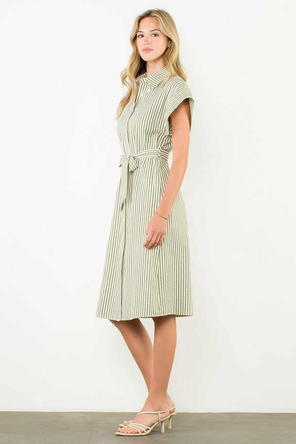Belted Striped Button Dress