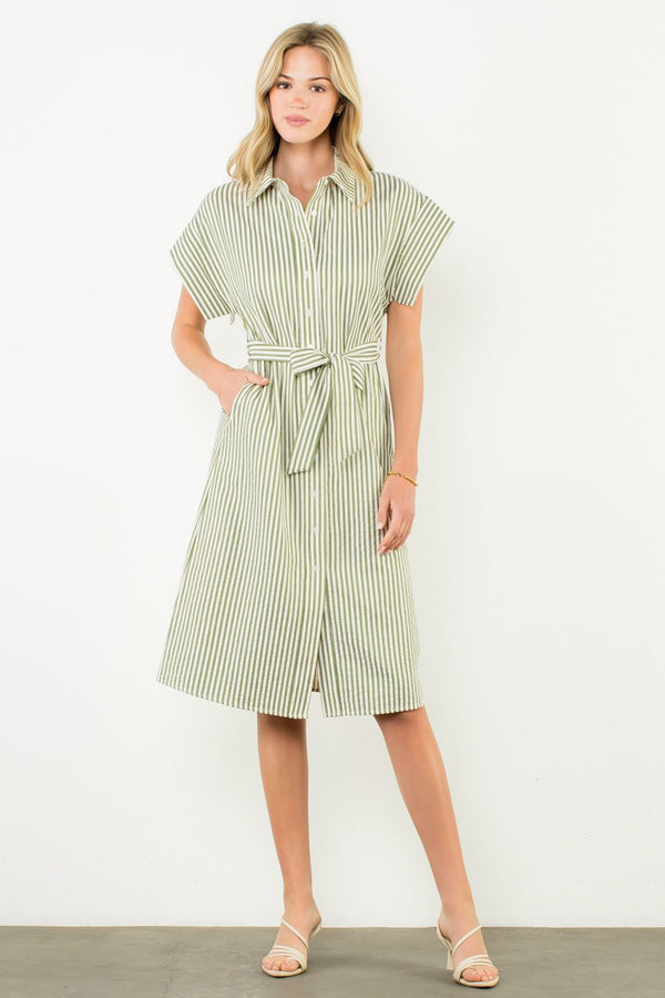 Belted Striped Button Dress
