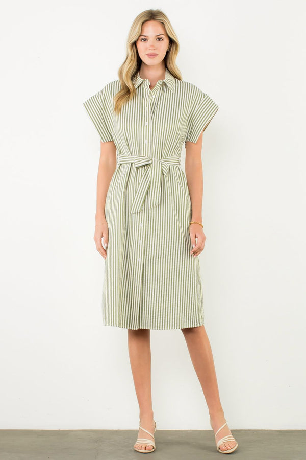Belted Striped Button Dress