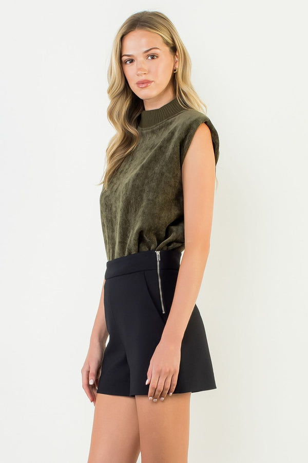 Sleeveless Mock Neck Suede Top