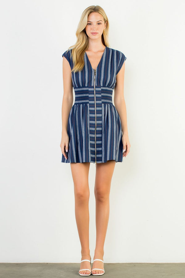 Short Sleeve Striped Pattern V-Neck Dress