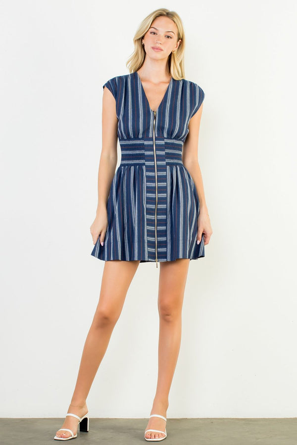 Short Sleeve Striped Pattern V-Neck Dress