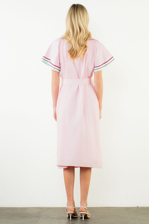 Short Sleeve Trimmed V-Neck Belted Dress