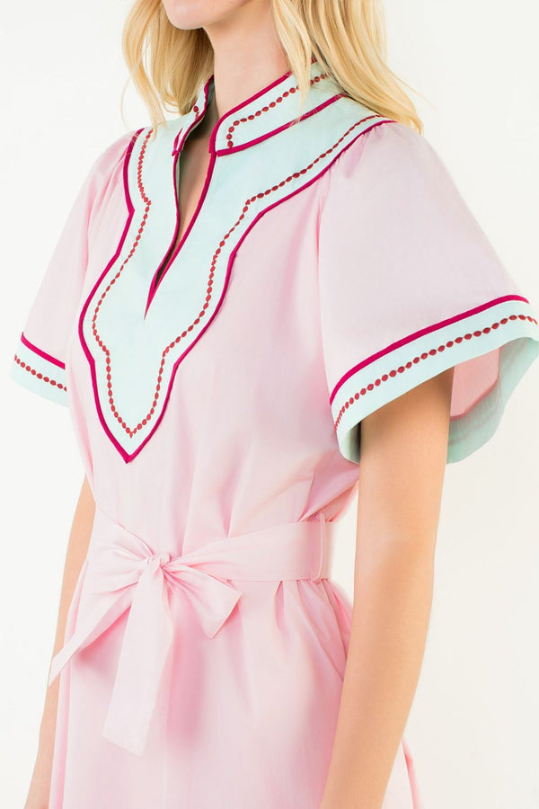 Short Sleeve Trimmed V-Neck Belted Dress