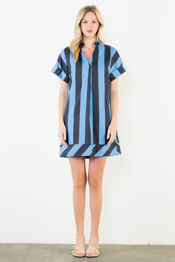 Short Sleeve Striped V-Neck Dress