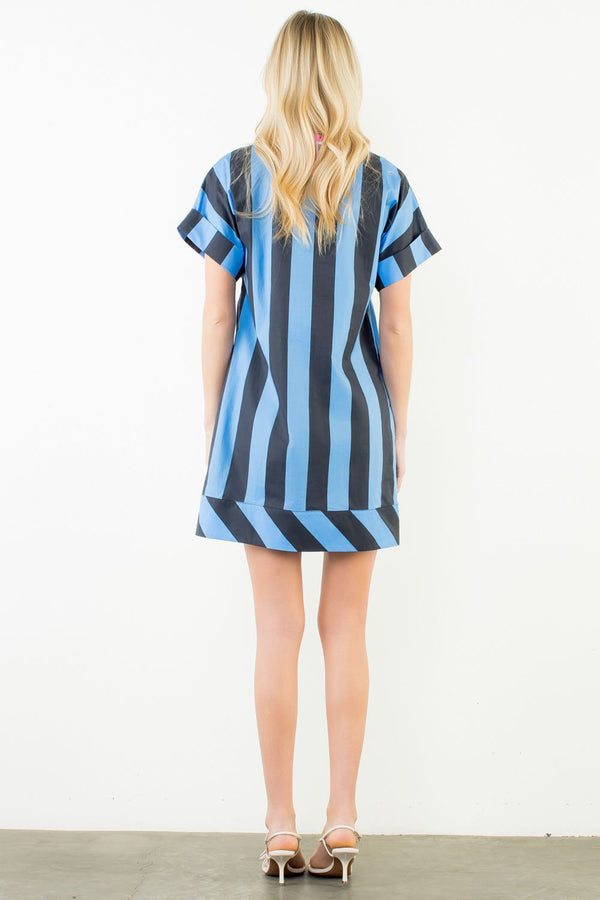 Short Sleeve Striped V-Neck Dress