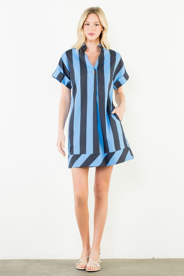 Short Sleeve Striped V-Neck Dress