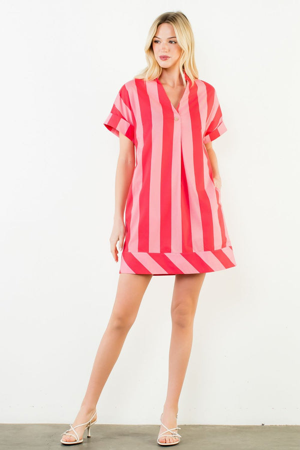 Short Sleeve Striped V-Neck Dress