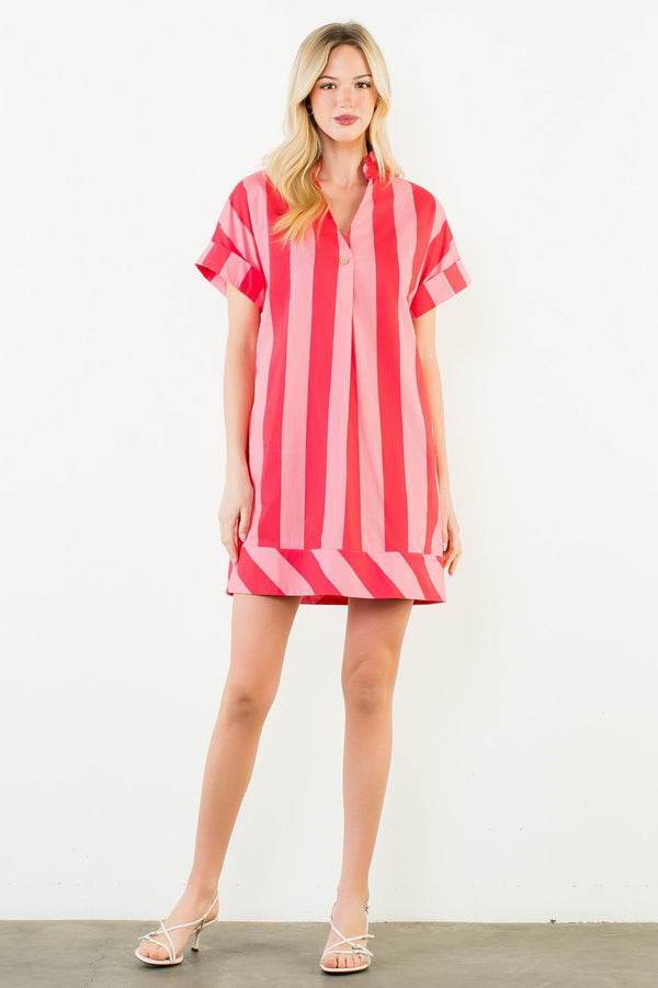 Short Sleeve Striped V-Neck Dress