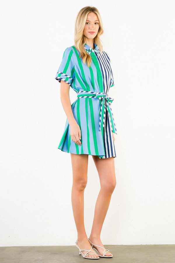 Short Sleeve Collared Striped Dress