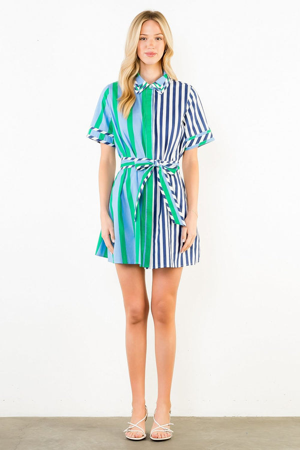 Short Sleeve Collared Striped Dress