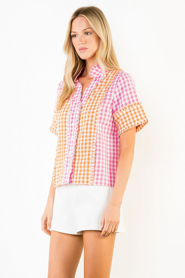 Short Sleeve Mutli Color Gingham Pattern Top