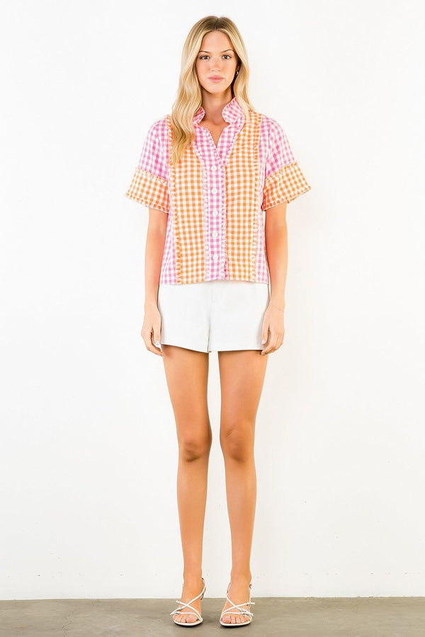 Short Sleeve Mutli Color Gingham Pattern Top
