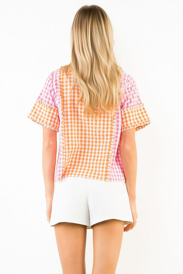Short Sleeve Mutli Color Gingham Pattern Top
