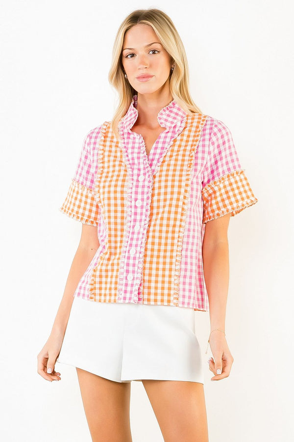 Short Sleeve Mutli Color Gingham Pattern Top