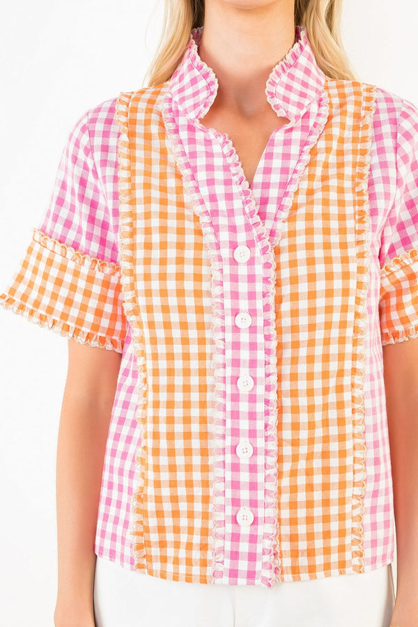 Short Sleeve Mutli Color Gingham Pattern Top