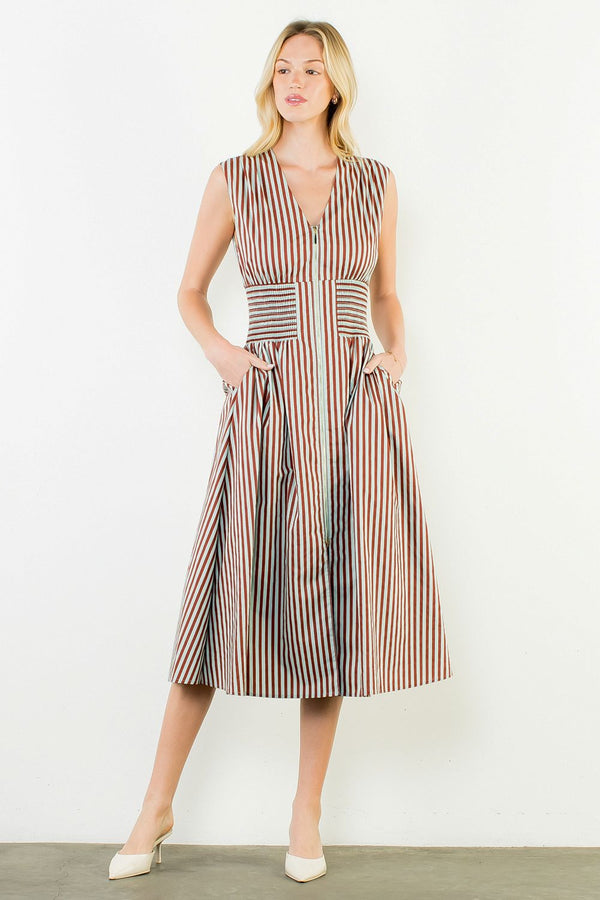Sleeveless Vertical Stripes Zippered Dress