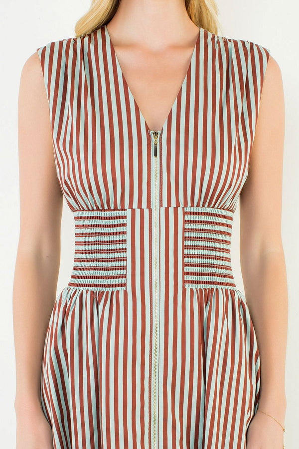 Sleeveless Vertical Stripes Zippered Dress