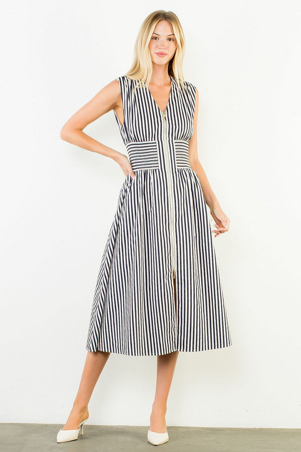 Sleeveless Vertical Stripes Zippered Dress