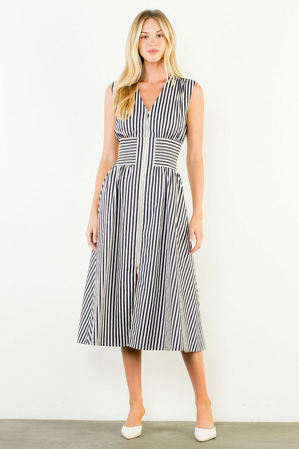 Sleeveless Vertical Stripes Zippered Dress