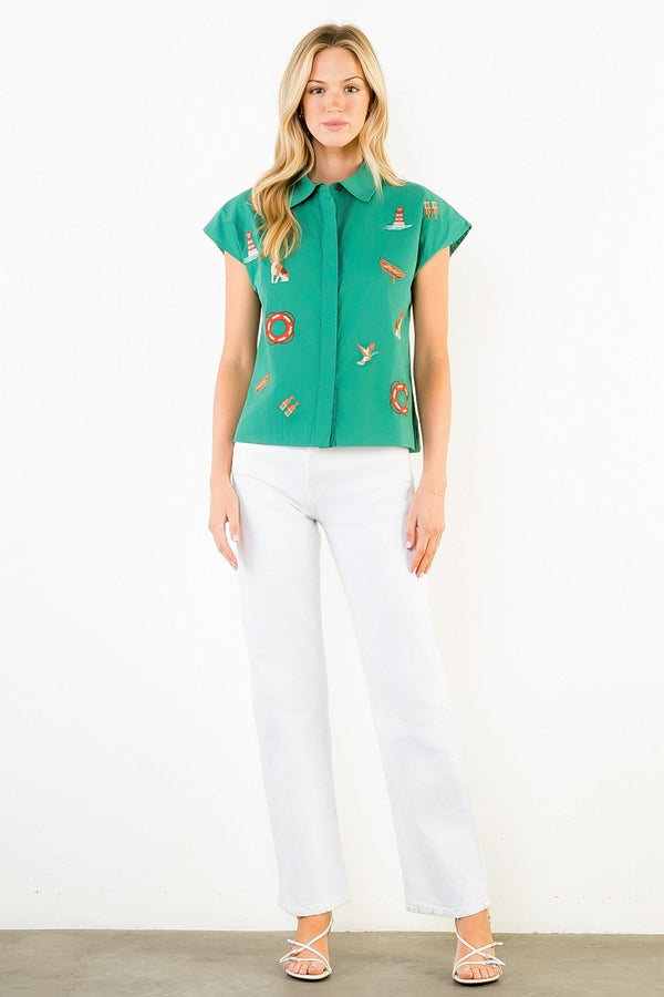 Short Sleeve Button Up Sailing Top