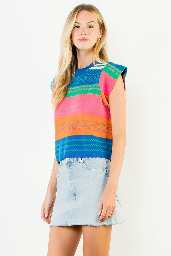 Multi Color Knit Striped Flutter Top