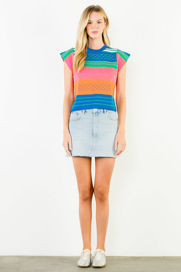 Multi Color Knit Striped Flutter Top