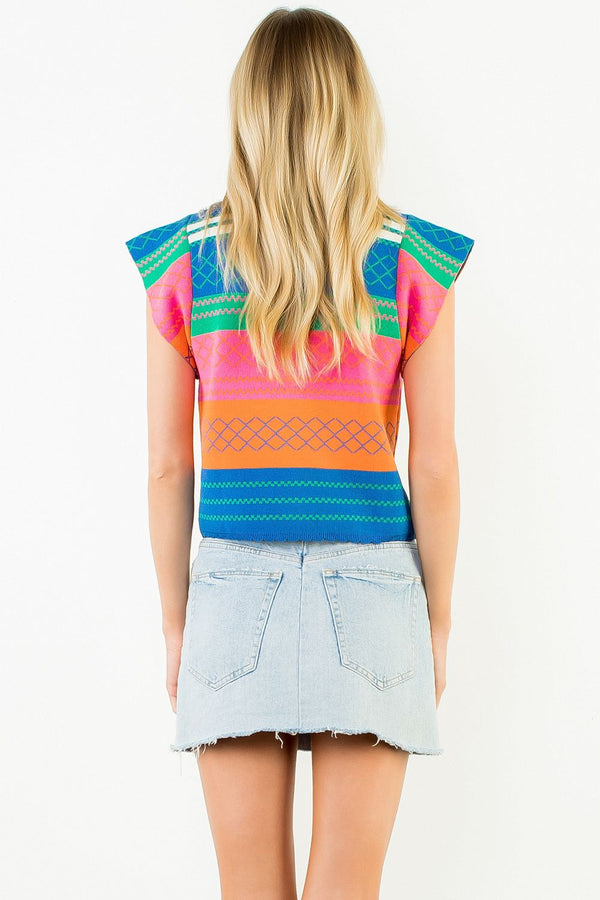 Multi Color Knit Striped Flutter Top