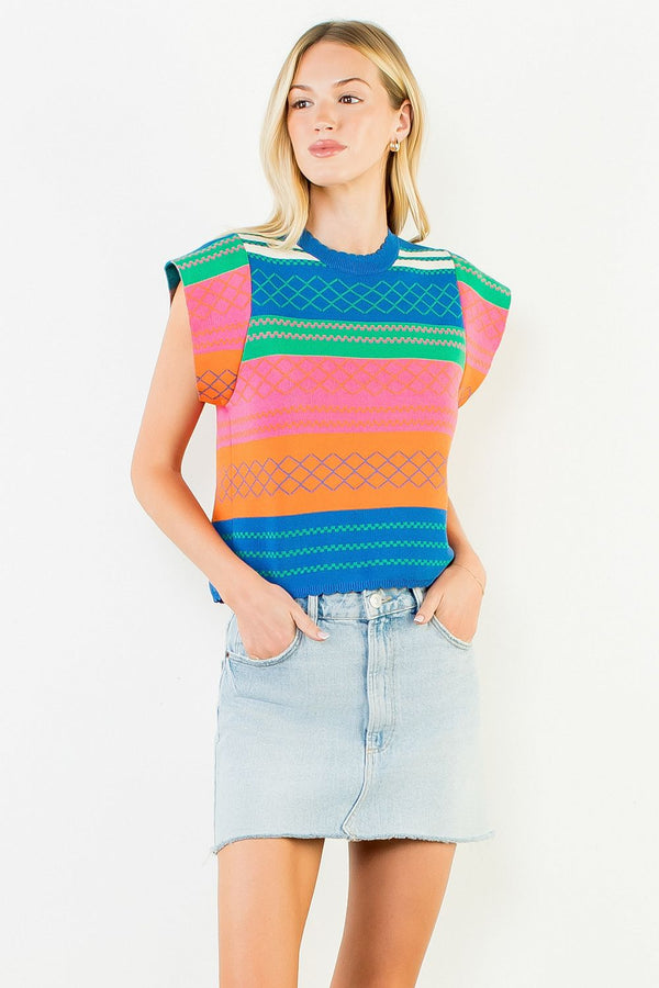 Multi Color Knit Striped Flutter Top