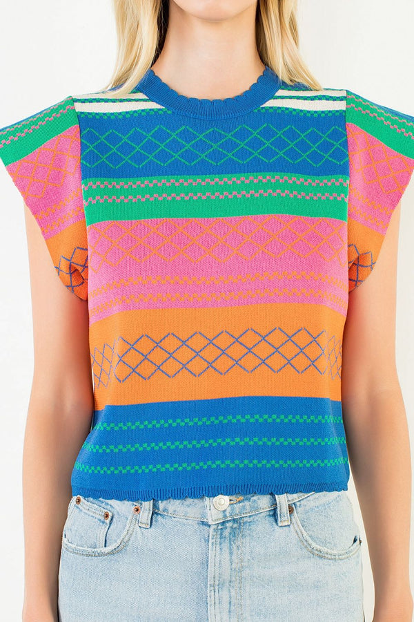 Multi Color Knit Striped Flutter Top