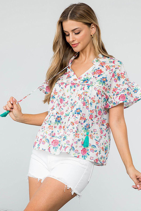 Flower Print Tiered Tassel Tie Top