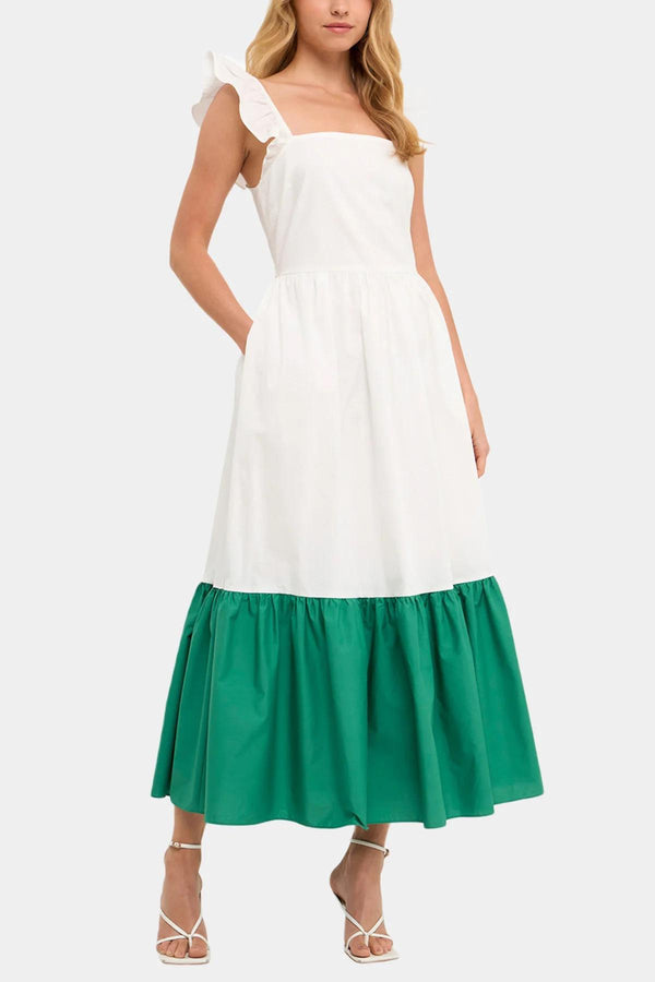 Shoulder Ruffled Poplin Maxi With Accent Colorblock