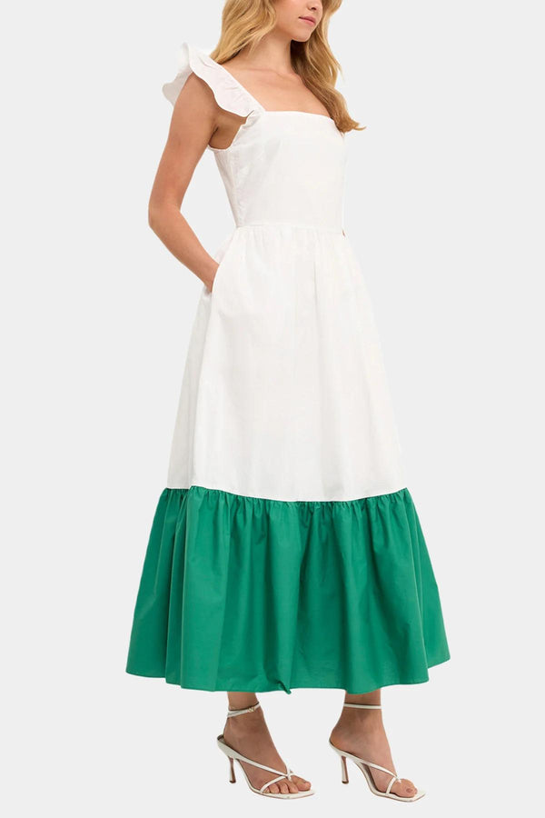 Shoulder Ruffled Poplin Maxi With Accent Colorblock