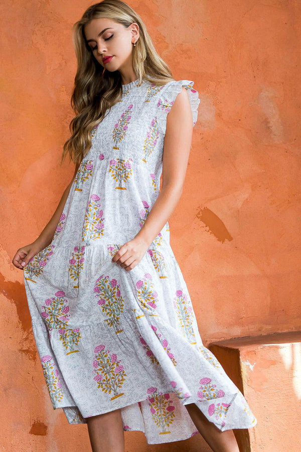Smocked Flower Print Maxi Dress