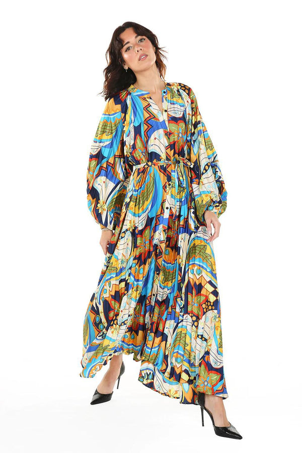 Multi Color Floral Print Pleated Maxi Dress