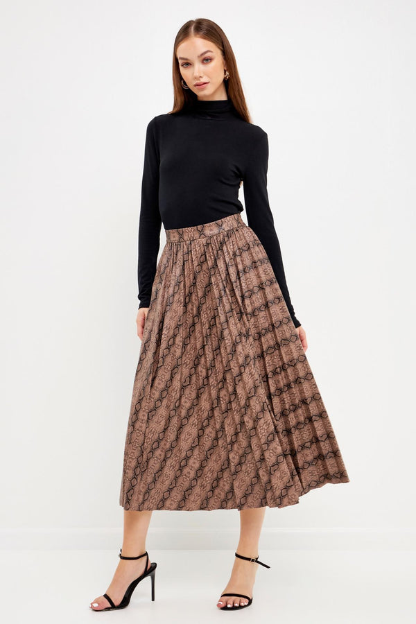 Animal Print Pleated Slit Detail Midi Skirt