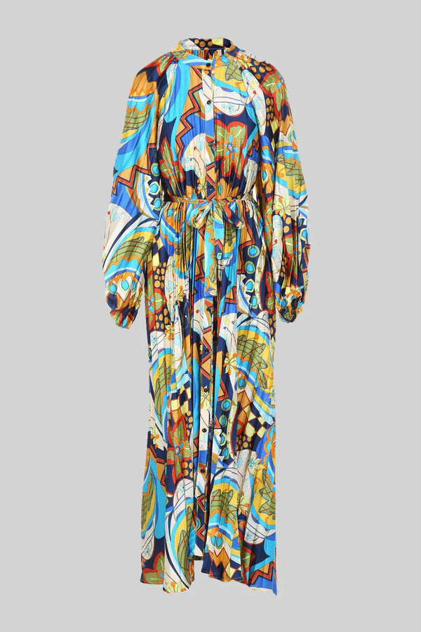 Multi Color Floral Print Pleated Maxi Dress