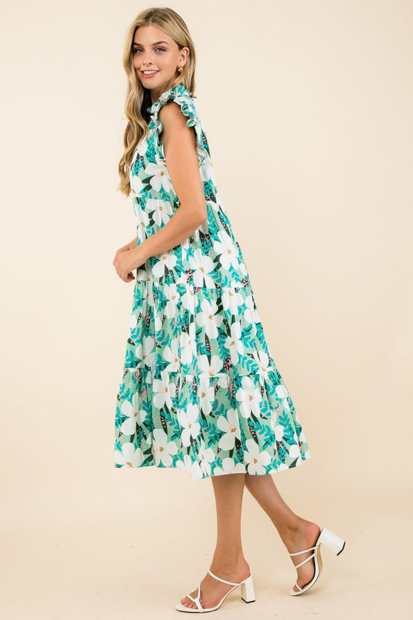 Flower Print Tiered Midi Dress